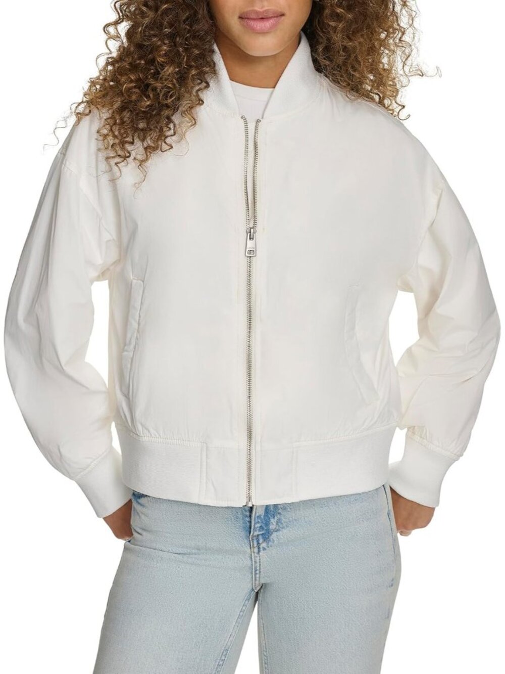 Women's White Nylon Band Collar Front Zipper Rib Knit Breathable Bomber Jacket
